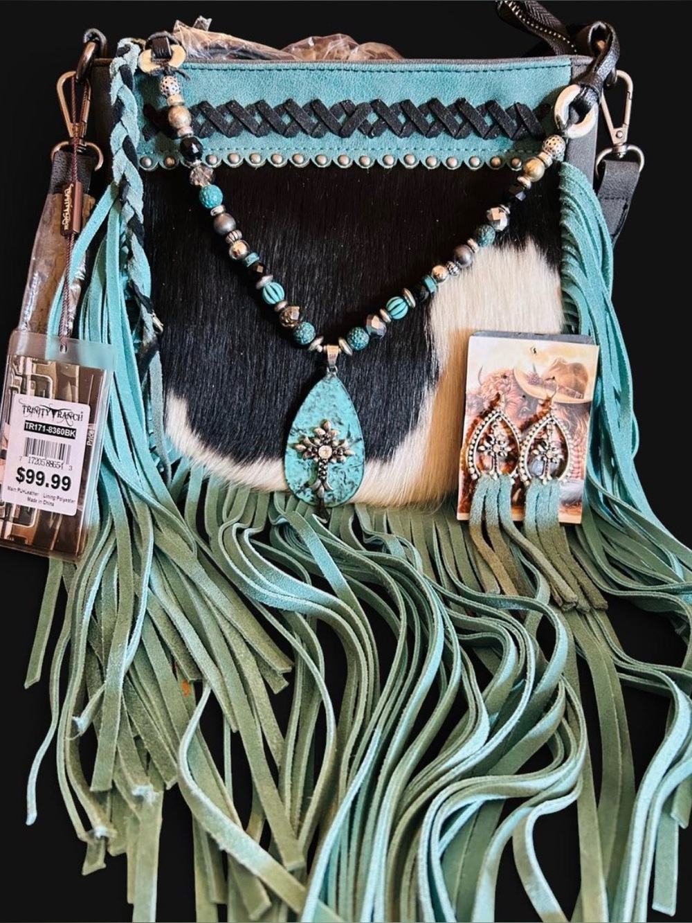 Montana West Turquoise & Black purse w/Fringe & matching necklace set